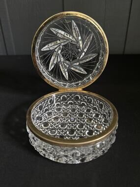 Vintage Cut Clear Crystal Jewelry Round Hinged Casket Jewelry Trinket Box